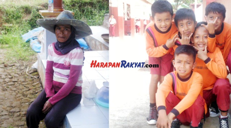 Foto Anih (48) Ibu tiri, setelah bekerja sebagai buruh tani, merindukan anaknya Dede Sunandar yang sudah hampir 2 tahun tidak kunjung pulang. Sementara adiknya Idam Herlambang nampak ceria bersama teman-teman sekolahnya. Poto : Eji Darsono/ HR 