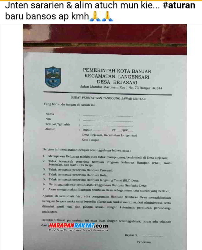 Surat pernyataan penerima bantuan sosial (bansos) akan dikenakan sanksi beredar di media sosial Facebook. Foto: Muhlisin/HR.