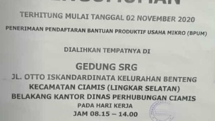 Kantor Pelayanan BLT UMKM Pindah ke Belakang Dishub Ciamis