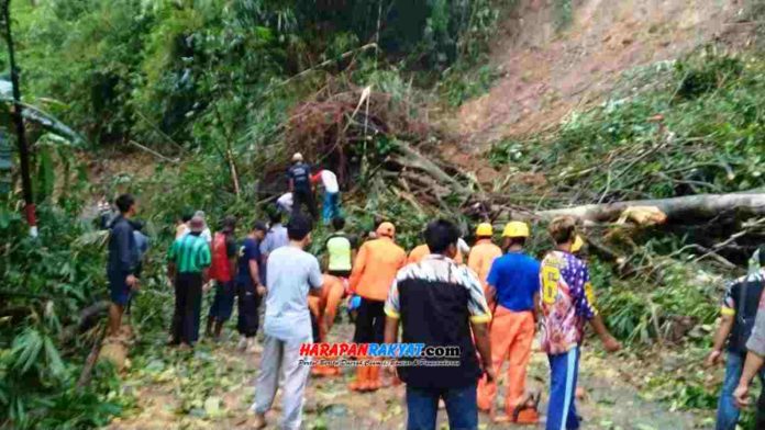 Tebing longsor di Jajawar, Kota Banjar. Petugas BPBD bersama warga dan relawan saat proses evakuasi longsoran material tanah dan pohon. Foto: Muhlisin/HR.