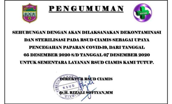 Banyak nakes terpapar Covid-19 mengakibatkan pelayanan di RSUD Kabupaten Ciamis, Jawa Barat, harus ditutup sementara. Foto: Fahmi Albartiansyah/HR.