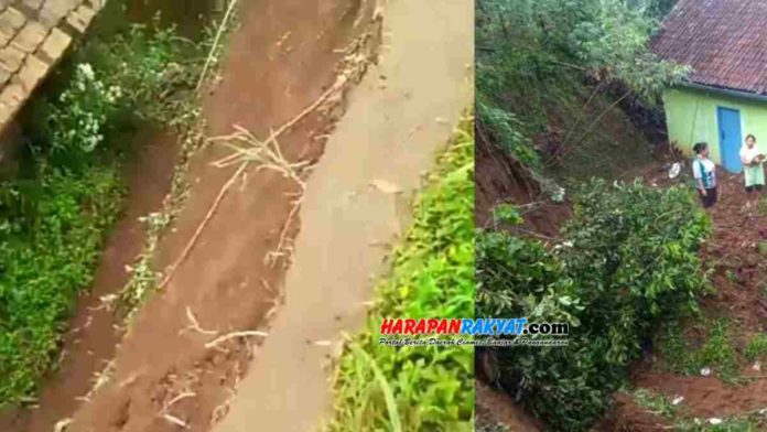 Tebing jalan menuju perkebunan dan sawah Blok Cikondang di Dusun Sindangkalangon, Desa Sindanglaya, Kecamatan Sukamantri, Kabupaten Ciamis, longsor. Foto: Edji Darsono/HR.
