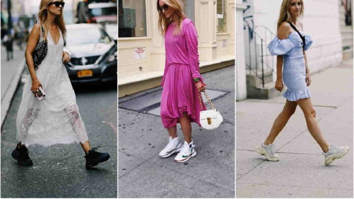 Gaya Dress dengan Sepatu Kets, Inspirasi Style Kasual Namun Elegan