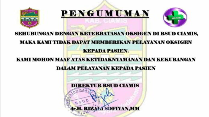 RSUD Ciamis Tak Berikan Pelayanan Pasien yang Butuh Oksigen