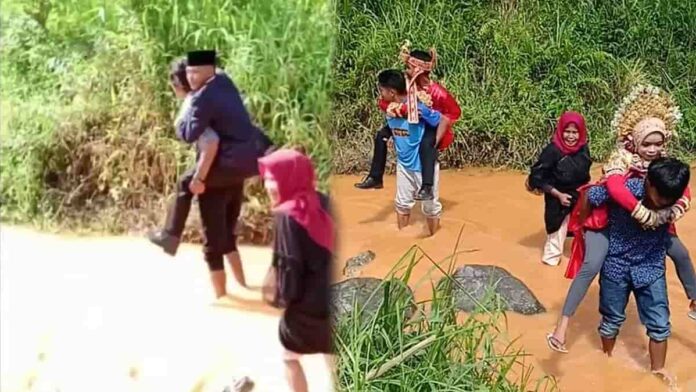 Perjuangan Menuju Pelaminan, Pengantin di Sulsel Terpaksa Digendong Sebrangi Sungai