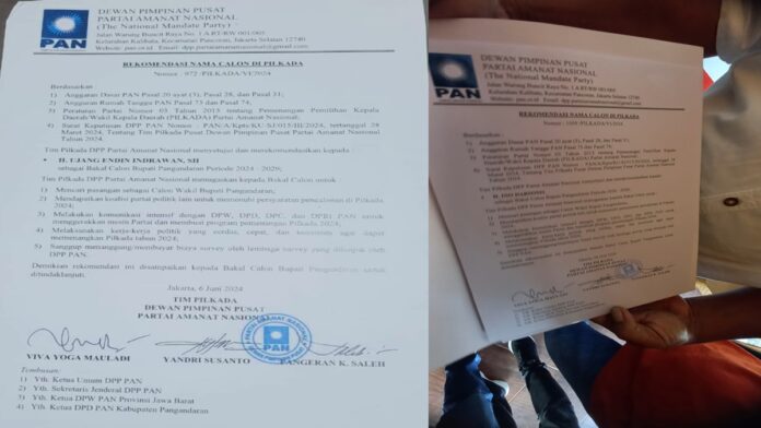 Surat Rekomendasi PAN untuk Pilkada Pangandaran