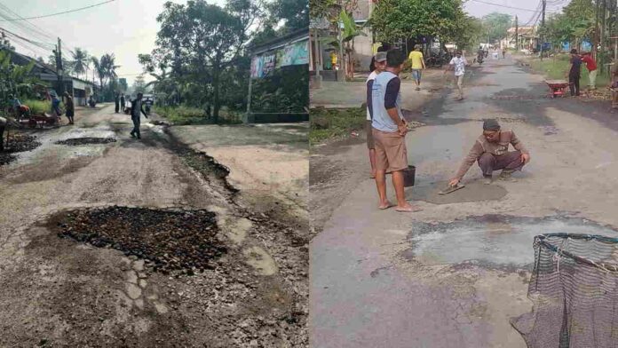 Jalan Kabupaten di Lakbok Ciamis Rusak Parah, Warga Kembali Perbaiki Secara Swadaya
