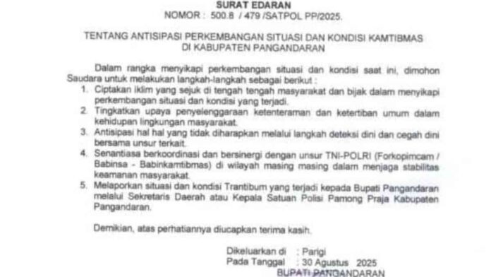 Jaga Kondusivitas, Bupati Pangandaran Keluarkan SE Tentang Kamtibmas